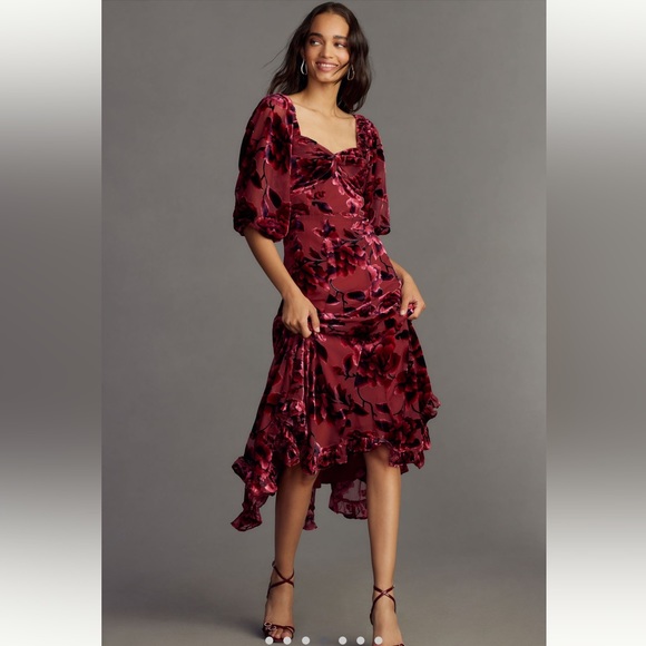 Hutch Printed Twist Front Puff Sleeve Velvet Dress - Picture 1 of 4